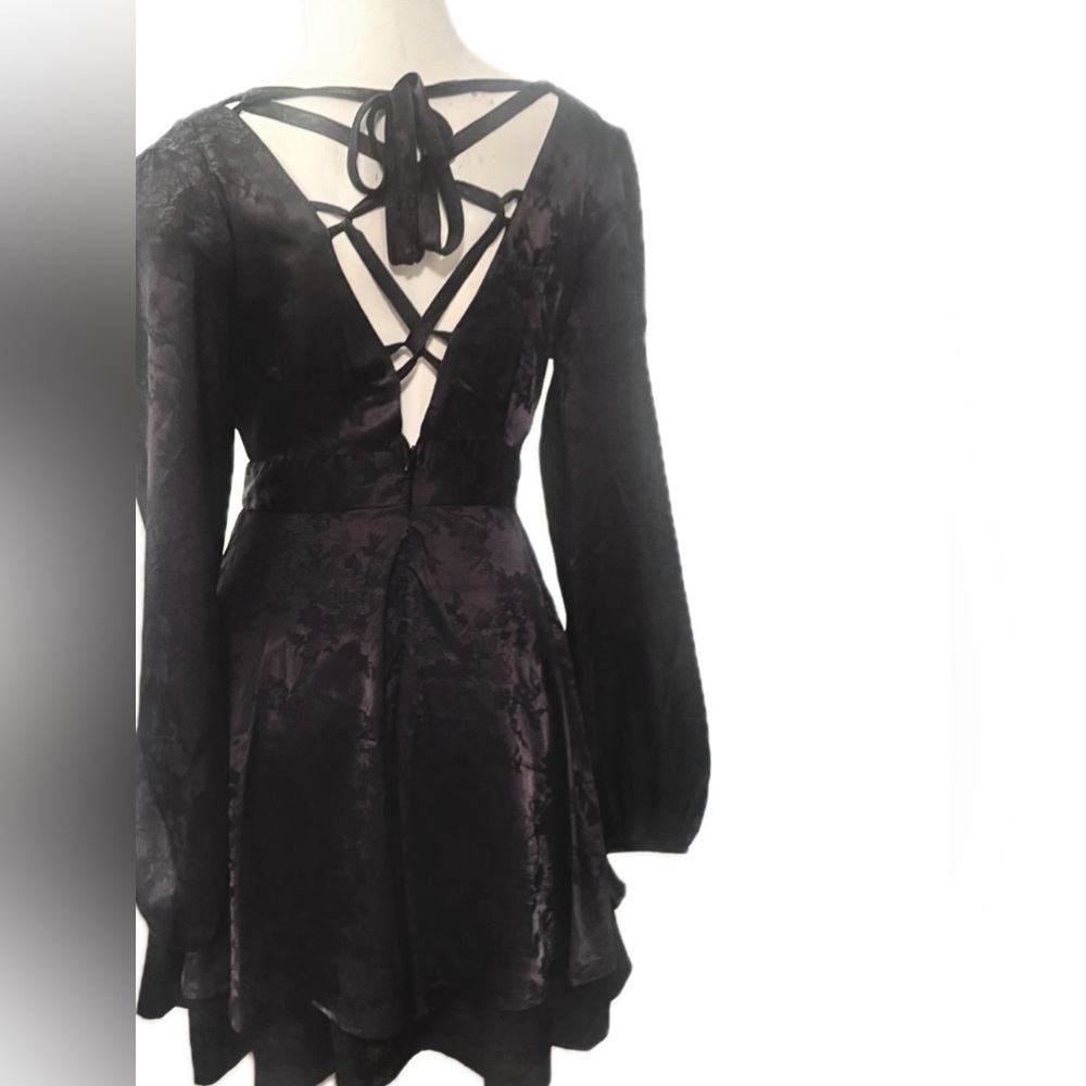 SOLD - Allison & Kelly Gothic Black Brocade Silky Backless Ruffle Mini Dress - Picture 3 of 8